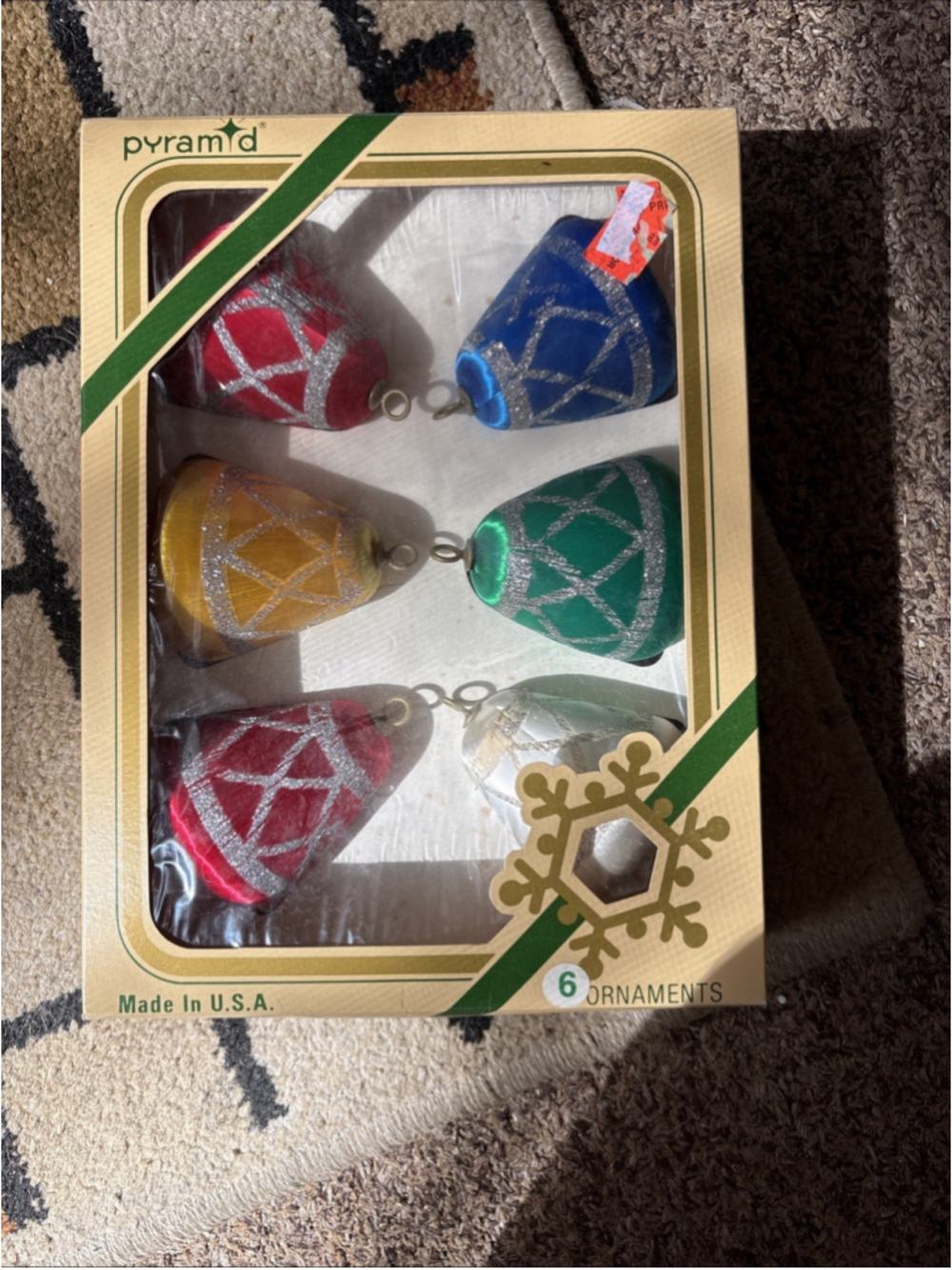 Vintage 6 Pyramid Satin Sheen Bell Christmas Ornaments in Box Multi Glitter